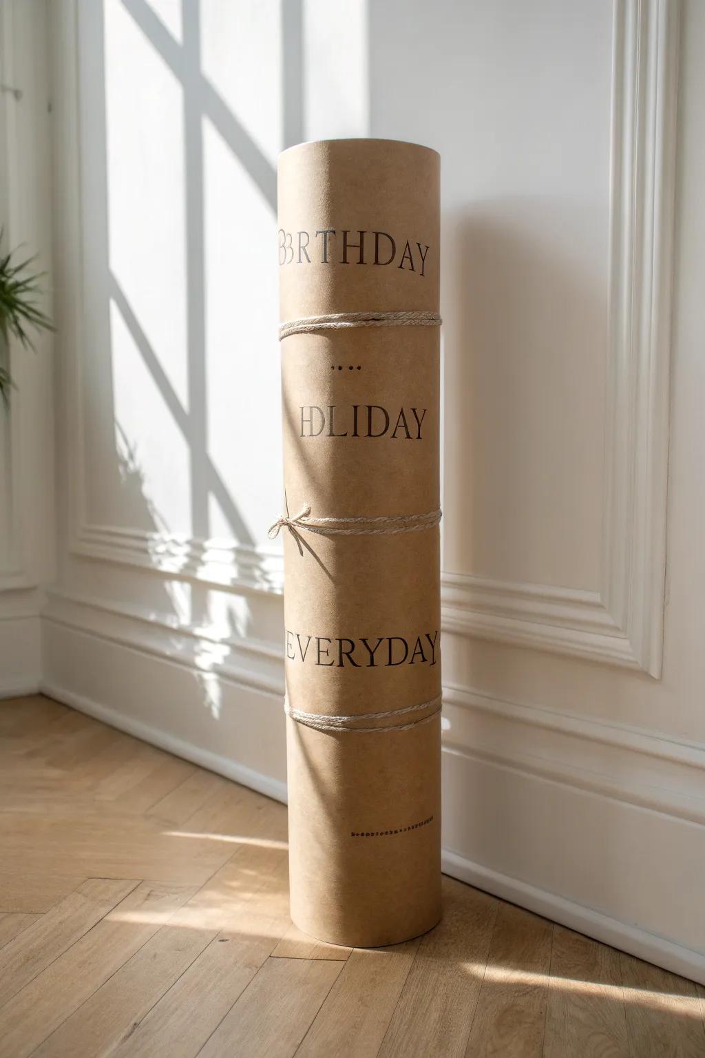 Store wrapping paper by occasion—Birthday, Holiday, Everyday—so you grab the right roll fast.