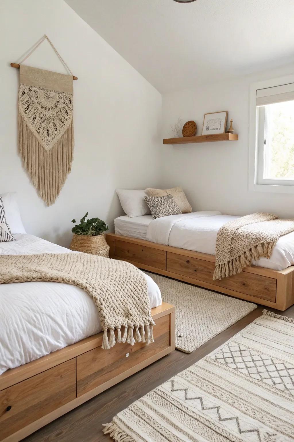 Two full beds, one cozy corner—an L-shaped layout that turns tight rooms into a sleep nook.
