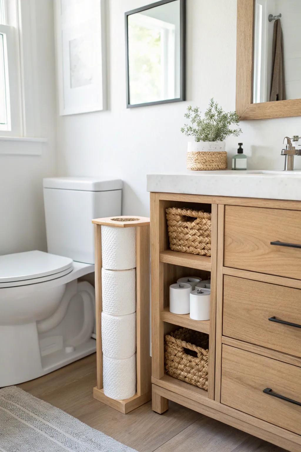 Turn a 5-inch gap into a chic toilet paper reserve niche—slim, tidy, and clutter-free.