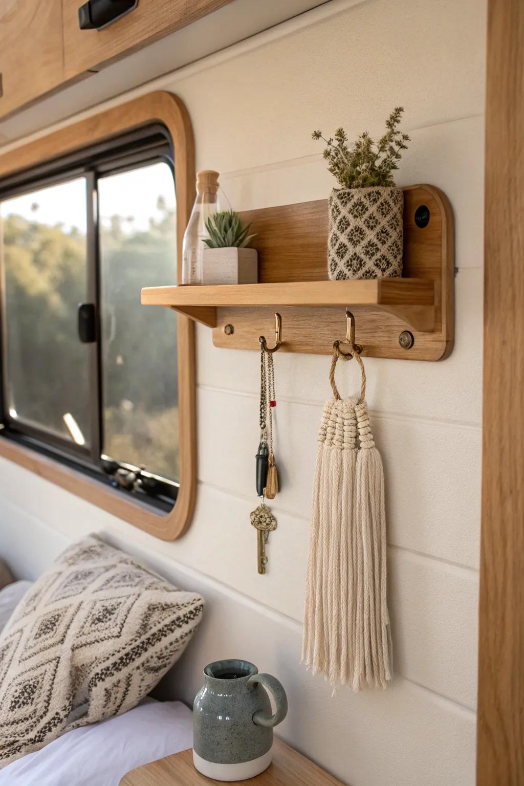 Turn the RV bedroom back wall into a mini storage gallery with slim ledges + hooks.
