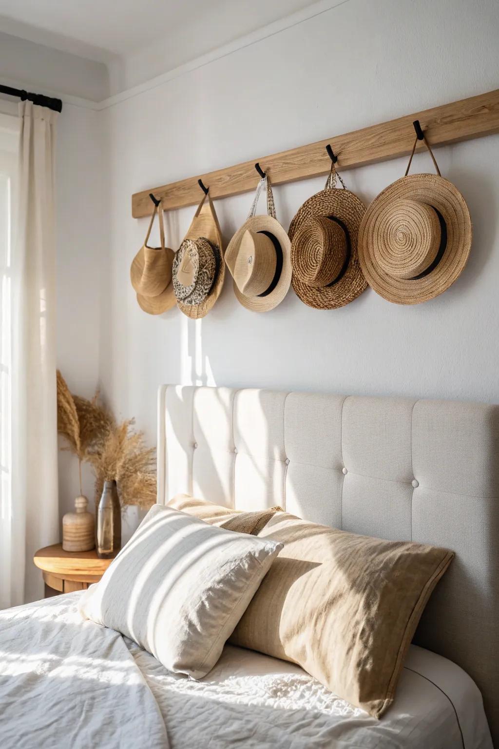 A simple hat rail above the bed adds playful texture and frees up precious closet space.