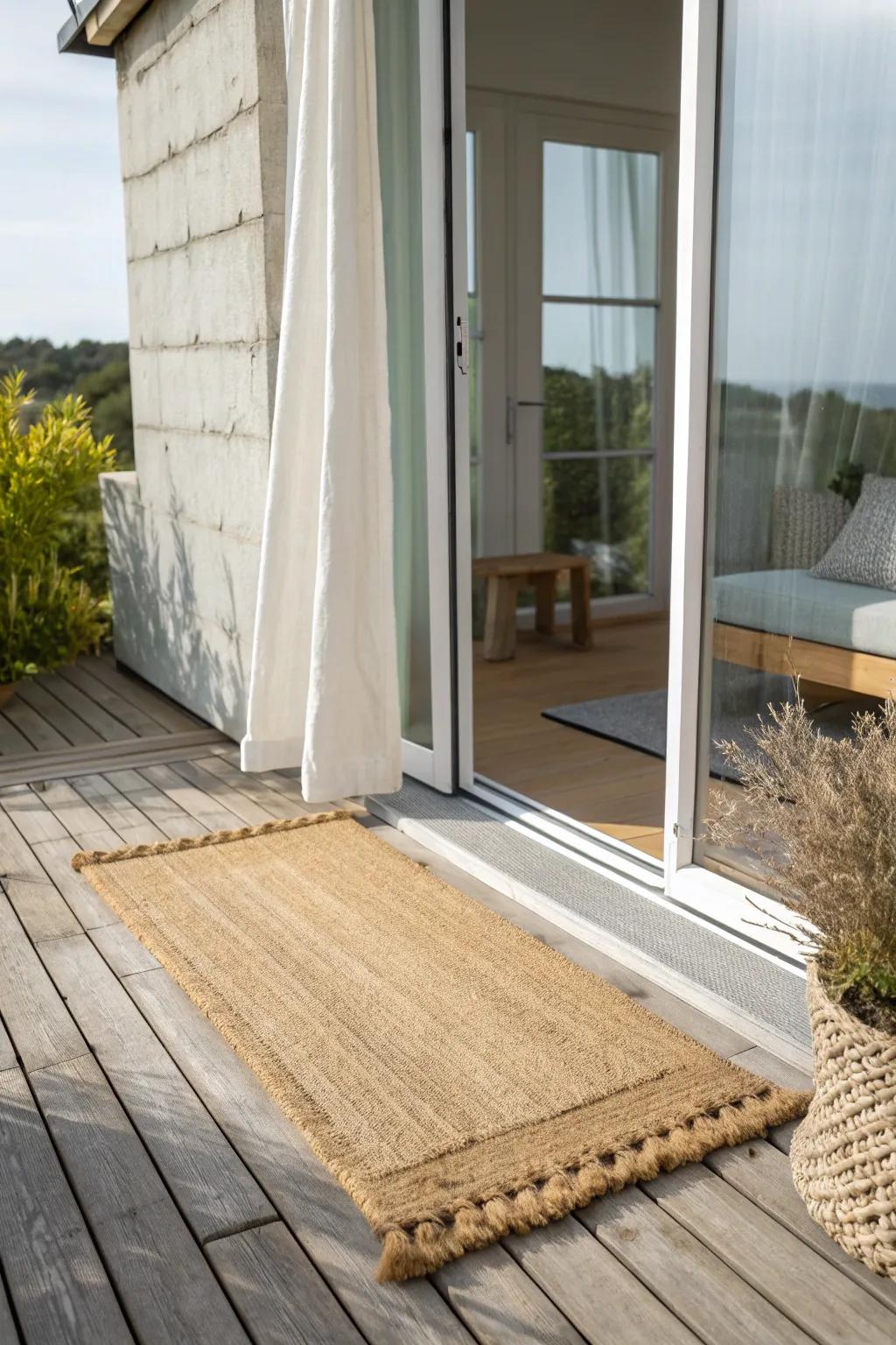 A woven jute mat that visually connects indoors and out—instantly making a tiny ADU feel larger.