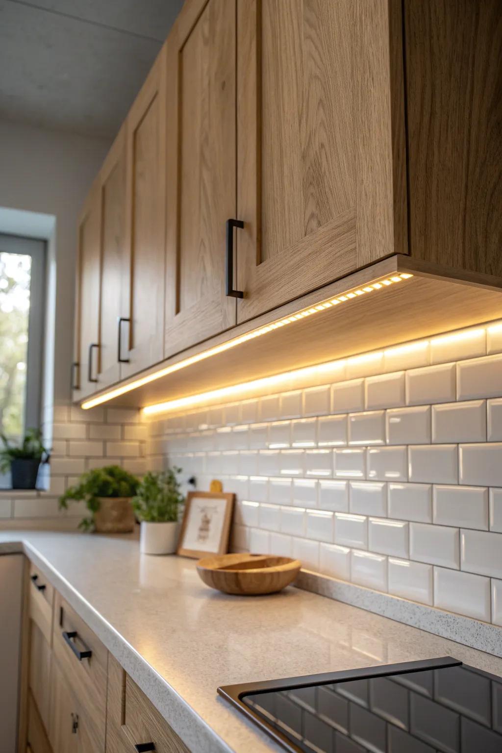 A warm under-cabinet LED strip that makes a tiny ADU kitchen feel bigger and luxe.