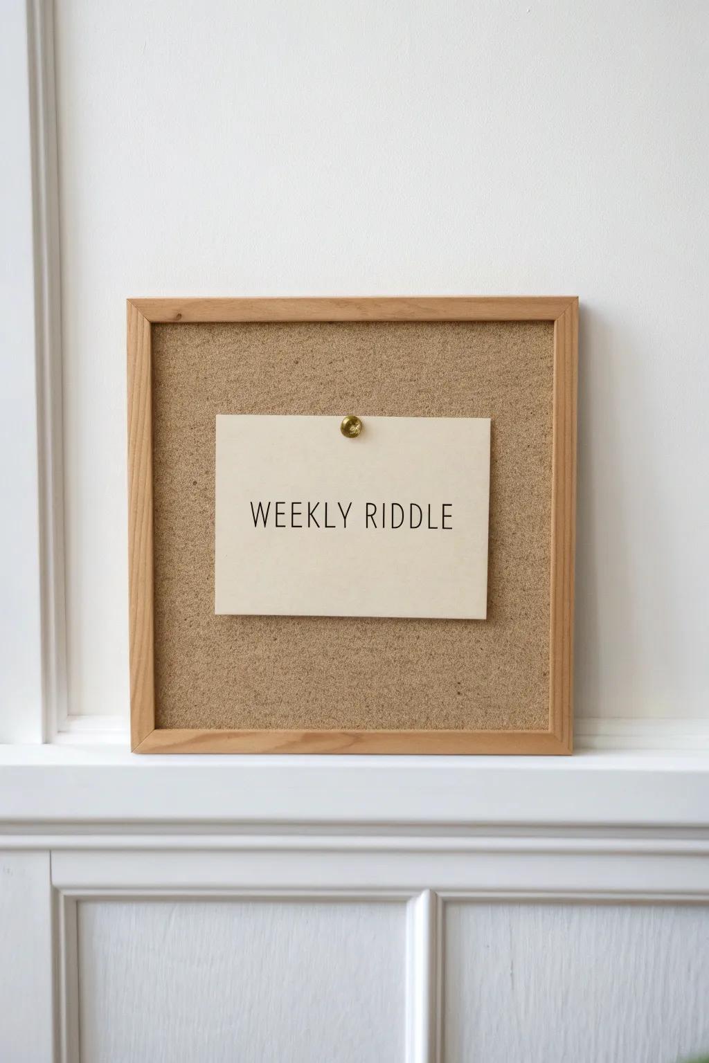 Weekly brain teaser board: a minimalist pinboard that makes everyone pause and play.