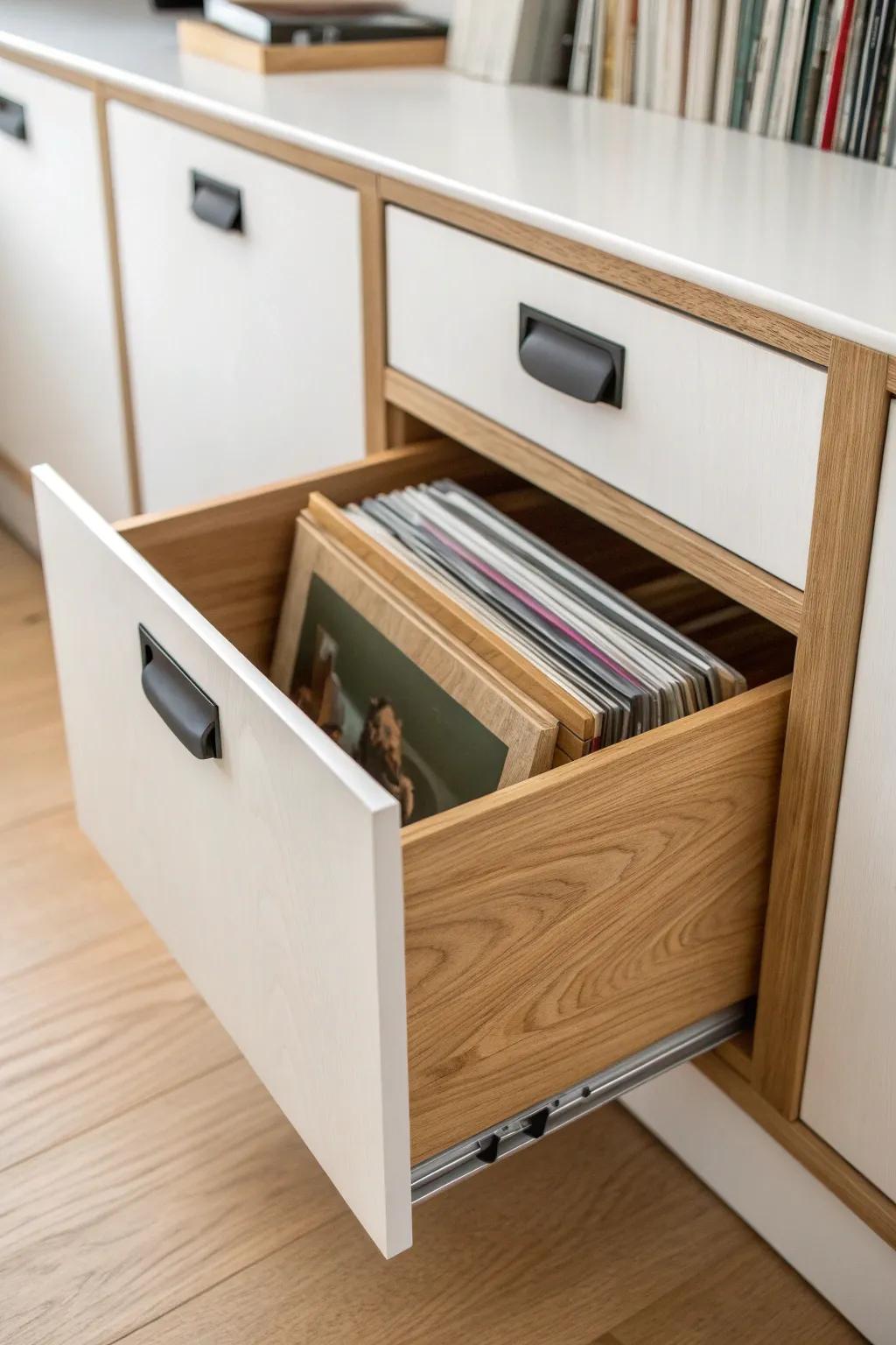 Pull-out bin storage keeps vinyl upright, protected, and easy to flip through in small spaces.
