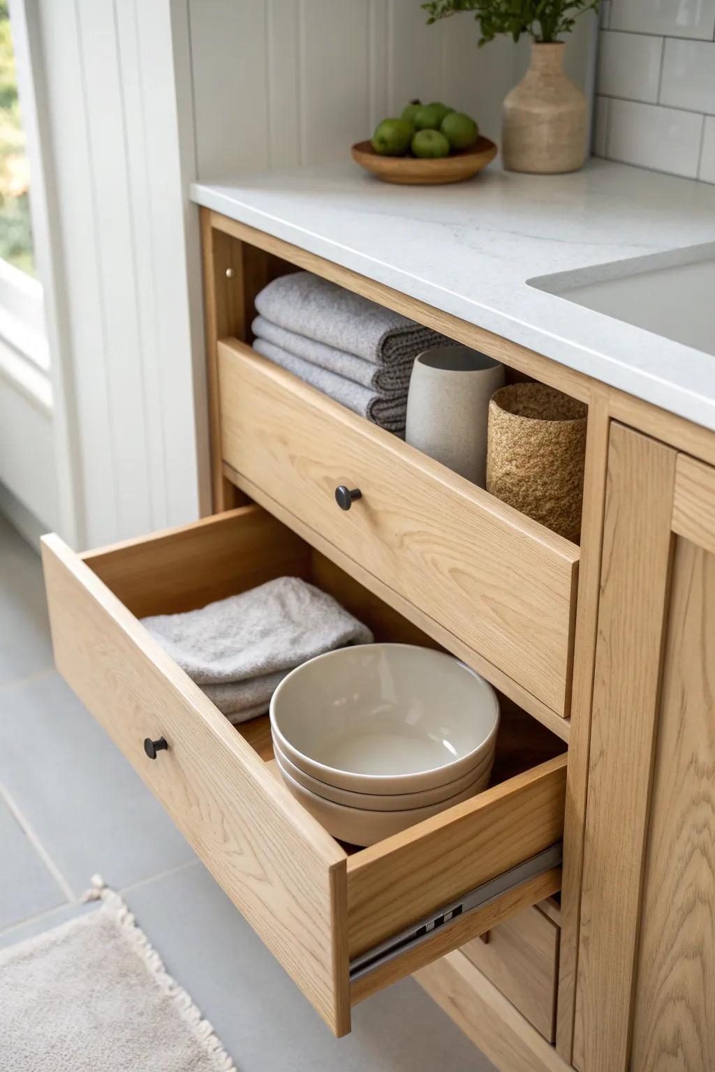 Deep alcove? Add pull-out drawer shelves so everything stays visible and within reach.