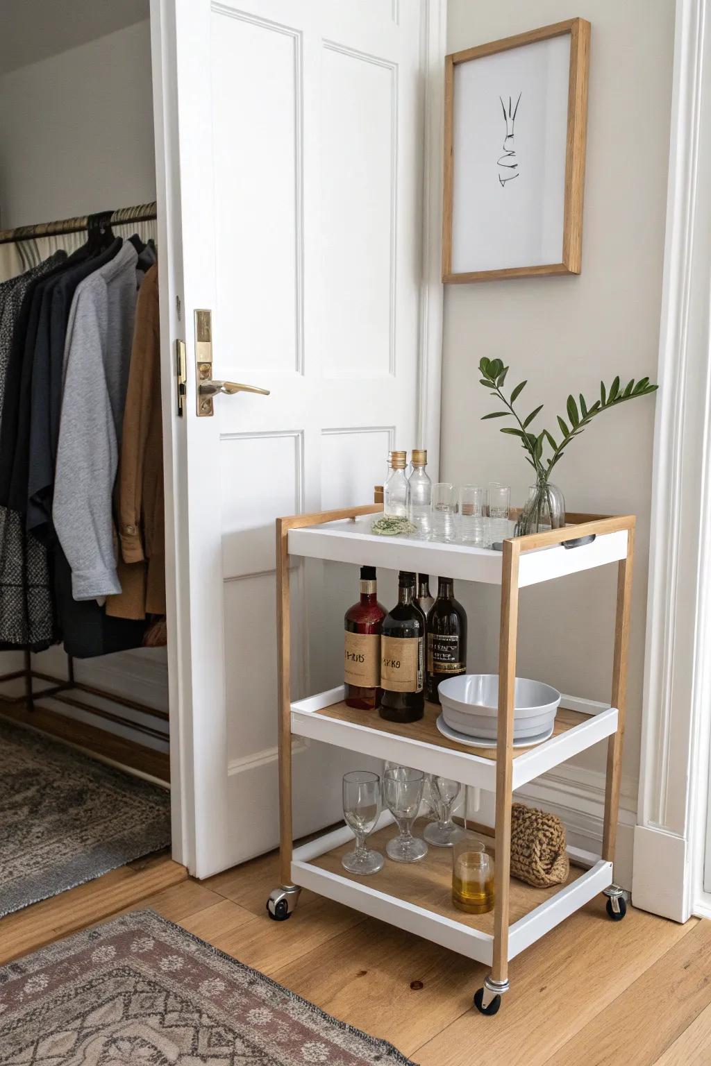 A rolling bar cart that tucks into the closet—studio-friendly and party-ready in seconds.