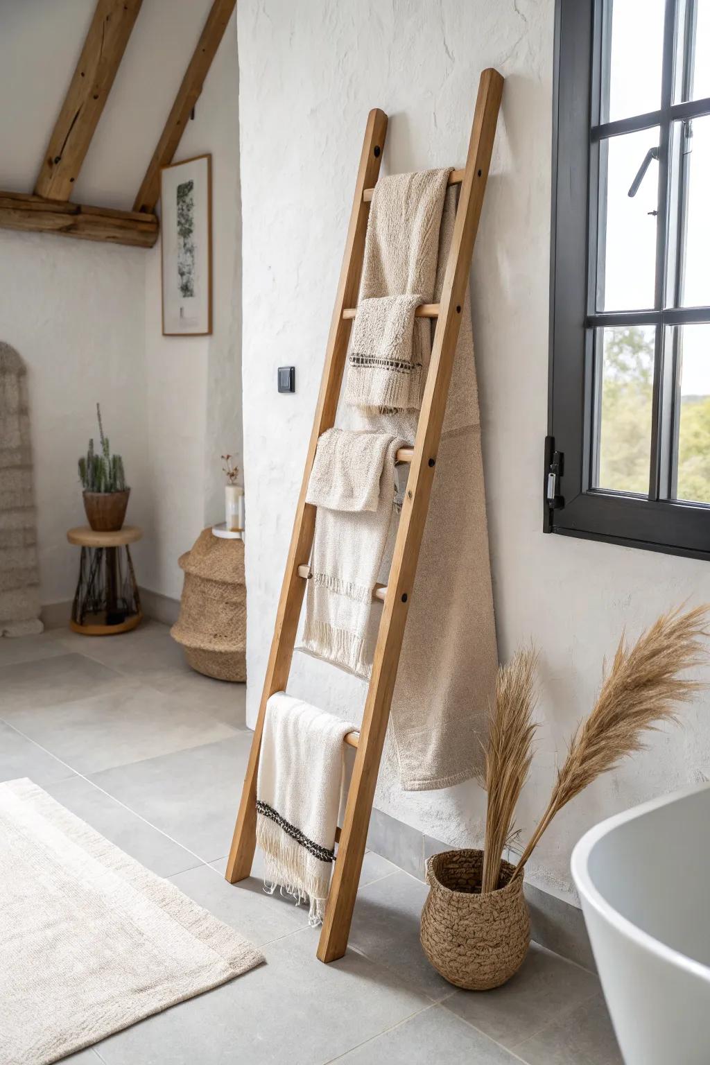 A slim towel ladder adds vertical storage in tiny bathrooms—pretty, practical, and space-saving.