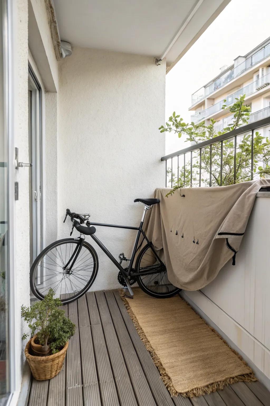 Balcony protected bike parking: a soft cover + discreet lock point for rust-free peace of mind.