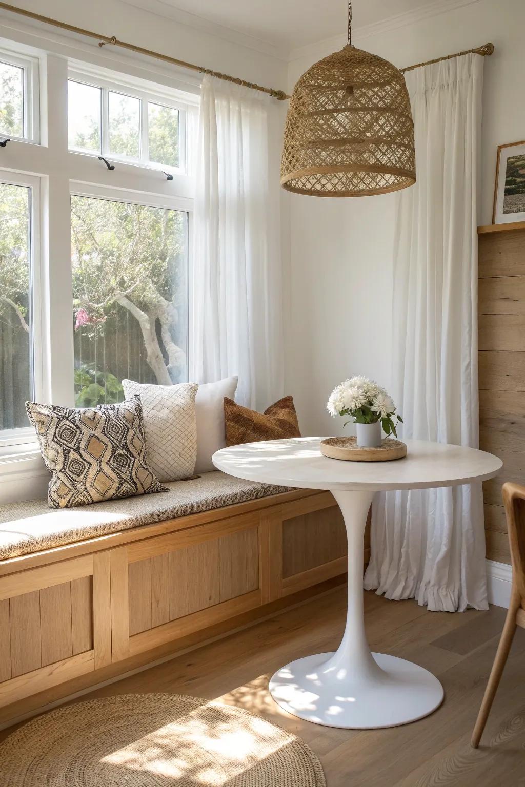 Turn a bay window into a bright, space-saving dining nook with simple Scandinavian charm.