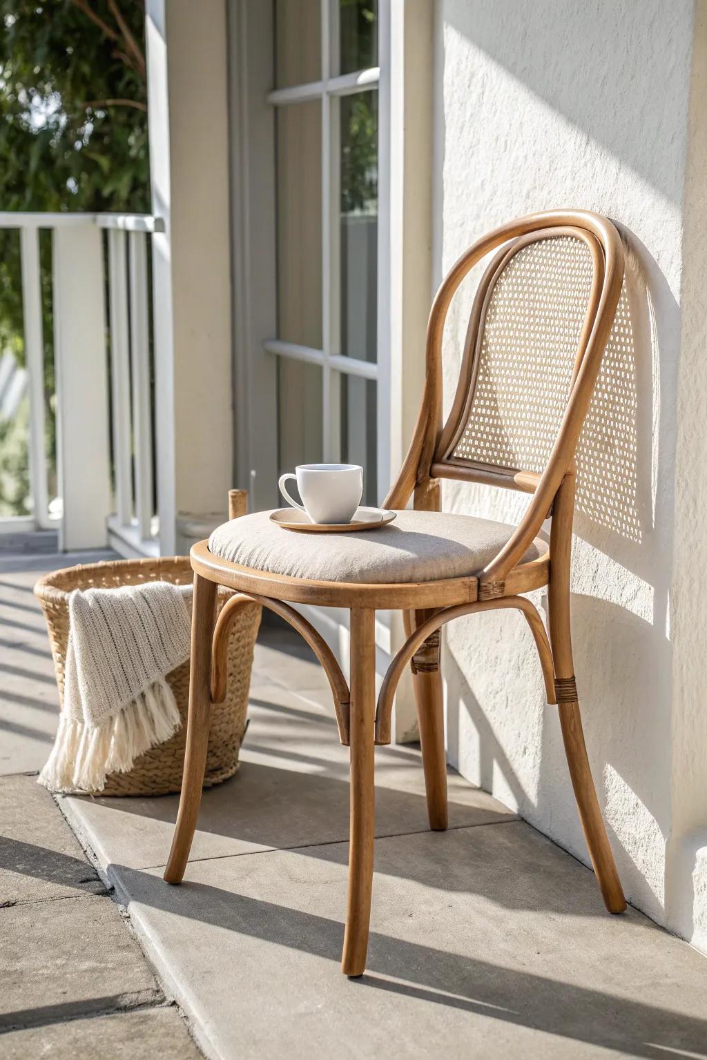 A tiny bistro chair with warm textures turns even the smallest porch into coffee-time bliss.