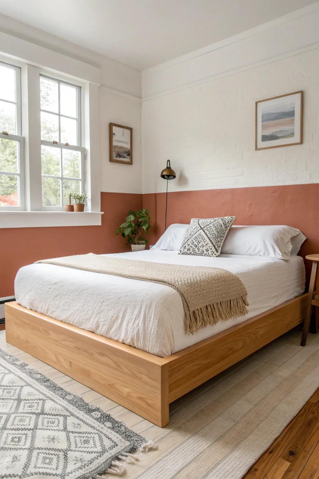 Color blocking behind the bed zones a studio—two matte paint tones, zero extra clutter.