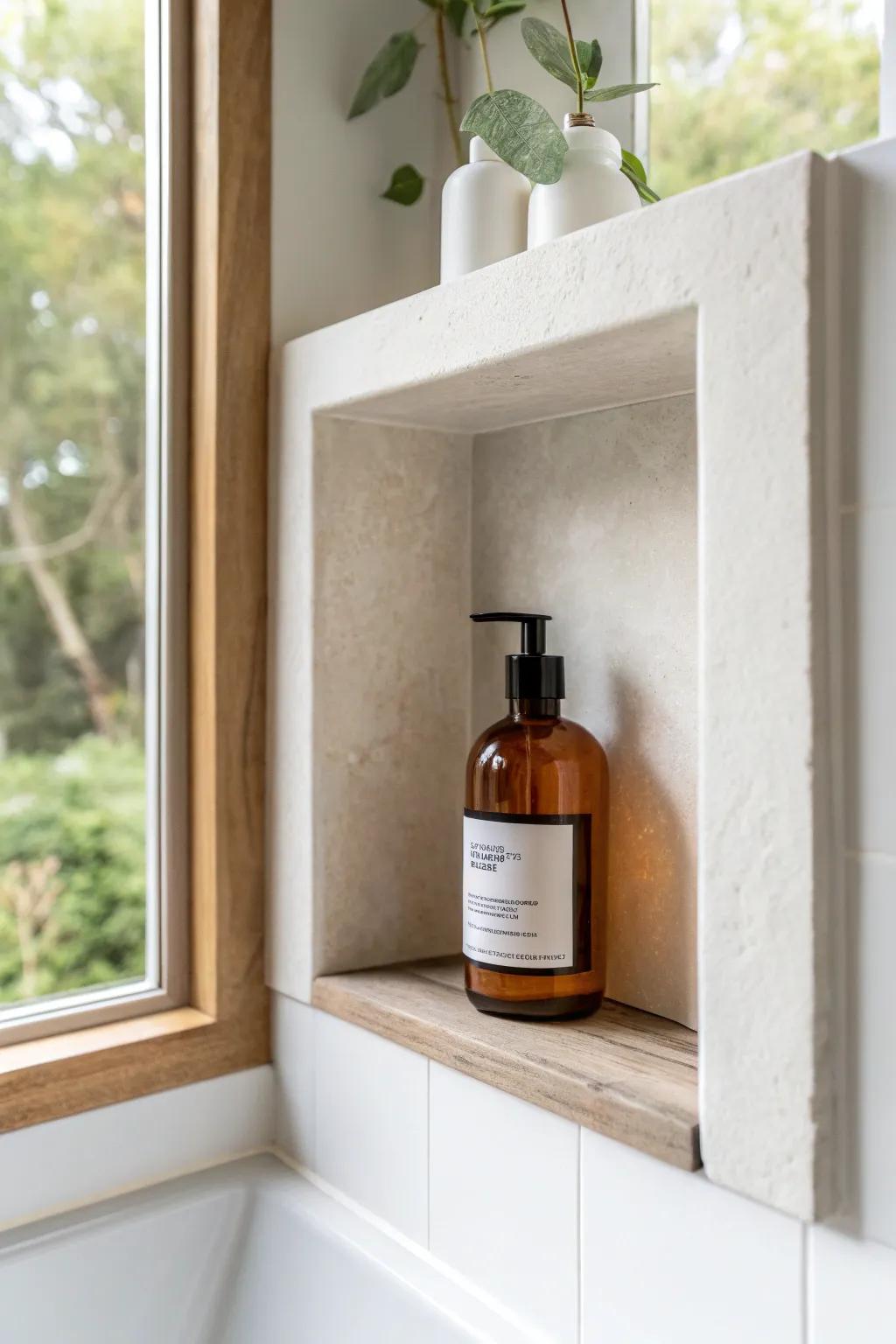 A recessed shower niche keeps bottles off the ledge and instantly adds a built‑in spa vibe.