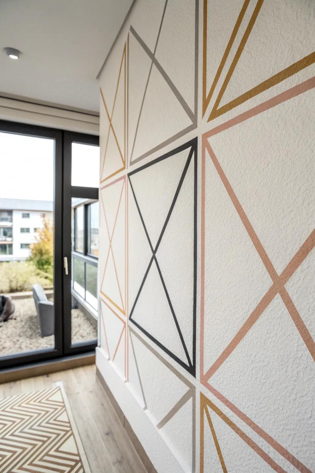 Peel-and-stick washi tape geometrics for a bold mini mural—no paint, no commitment.