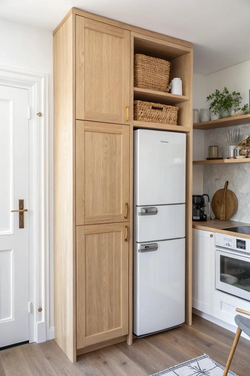 Stacked appliance garage cabinets add hidden storage up high—perfect for skinny kitchens.