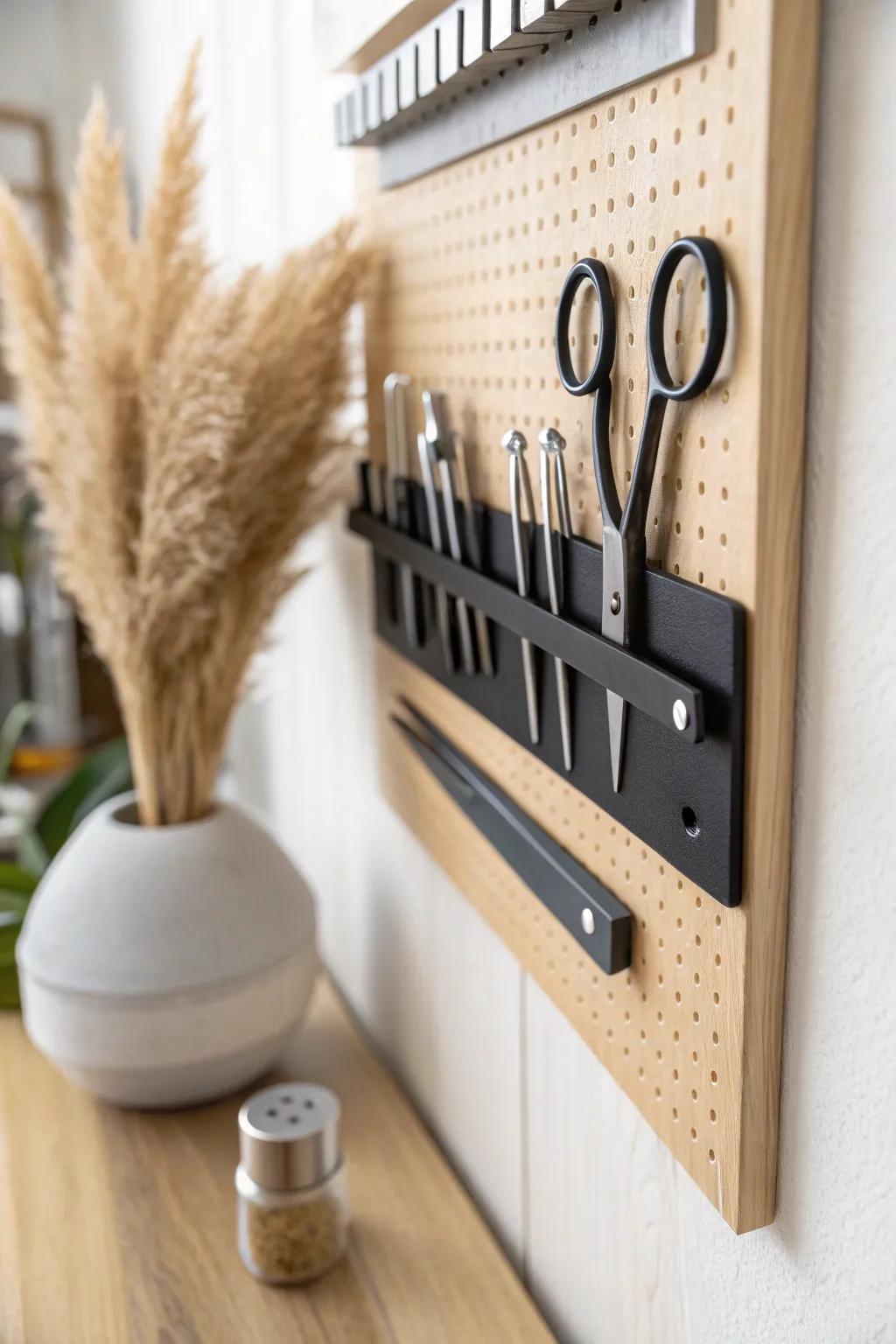 A sleek magnetic strip keeps tiny metal tools visible, tidy, and always within reach.