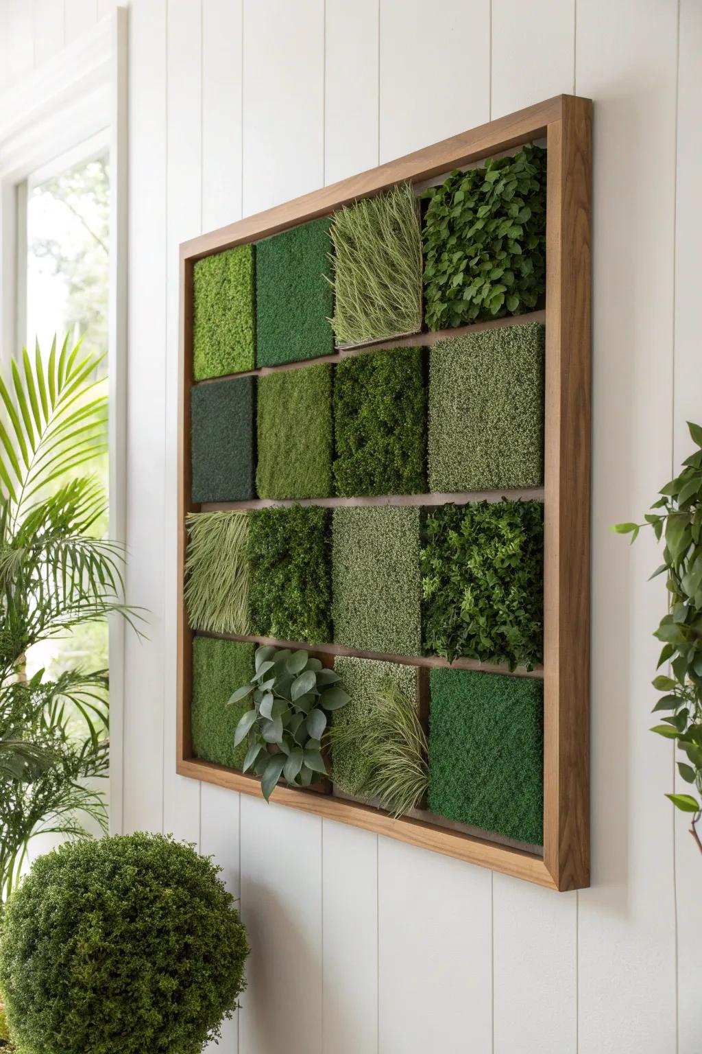 Checkerboard faux greenery grid—mixed textures for a curated, boutique plant wall in small spaces.