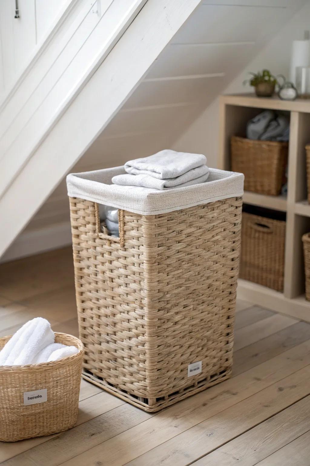 Turn low attic crawl space into a chic linen + laundry corner with one beautiful sorting hamper.