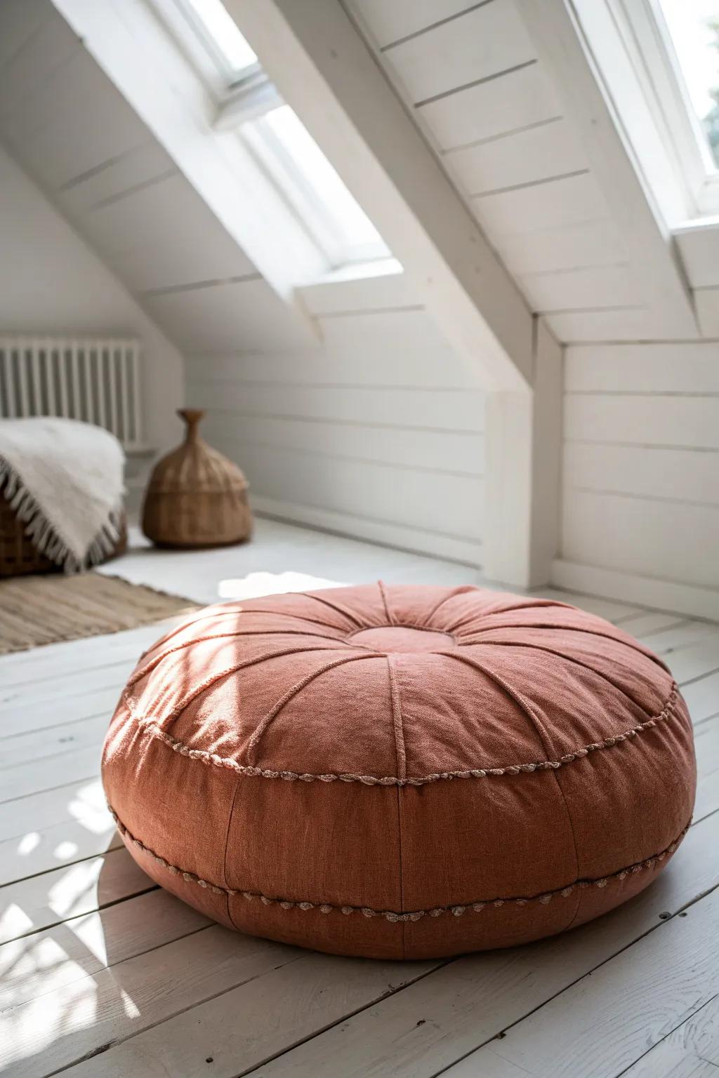 Turn the low-slope attic corner into a cozy lounge with one oversized floor cushion.