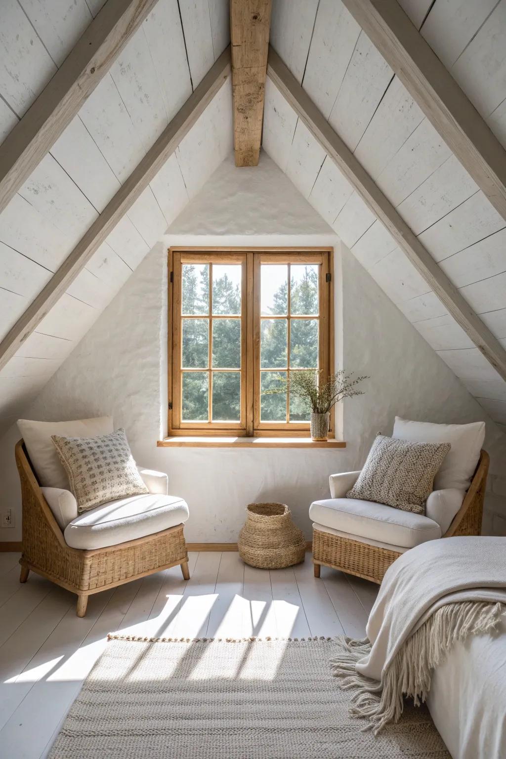 Center your attic window and mirror twin seats for a nook that feels calm, intentional, and cozy.