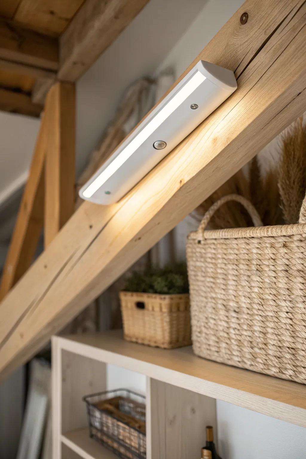 Motion-sensor lighting makes attic storage instantly visible—no more fumbling in the dark.