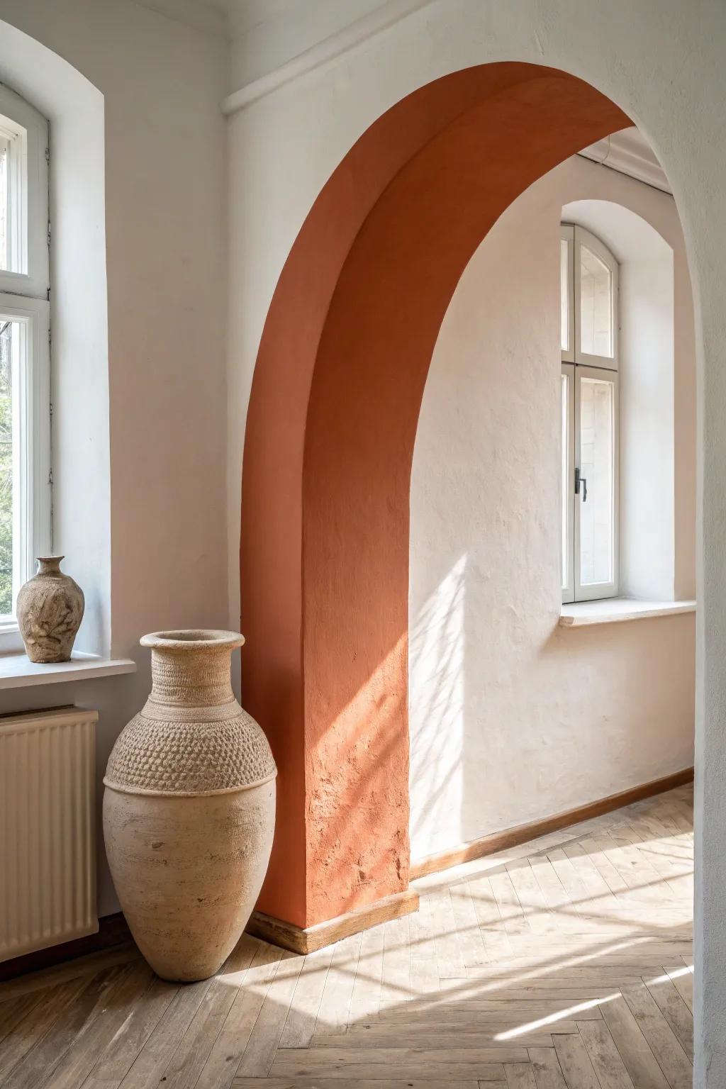 Turn an awkward corner into a cozy nook with a soft painted arch and one sculptural vase.