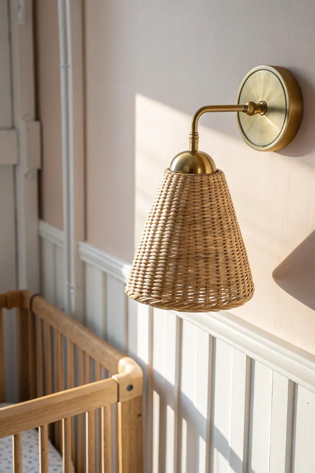 A warm woven wall sconce keeps a small baby girl nursery serene—and the floors beautifully clear.