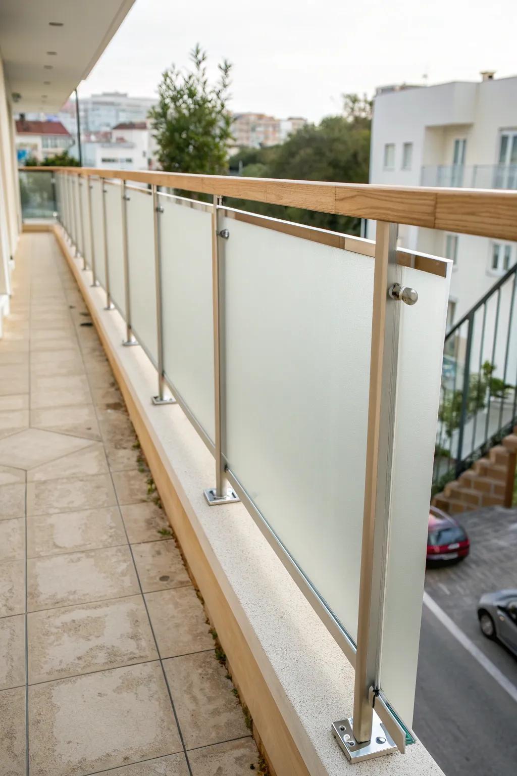 Frosted balcony panels blur the view for soft privacy—without blocking the light.