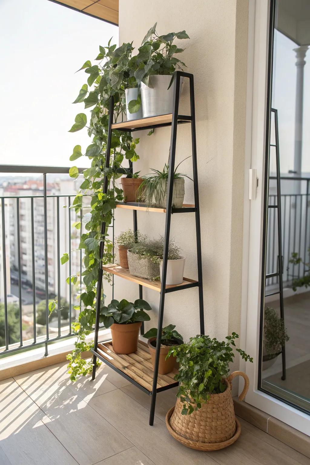 A tall tiered plant stand turns your balcony railing into a leafy, space-saving privacy wall.