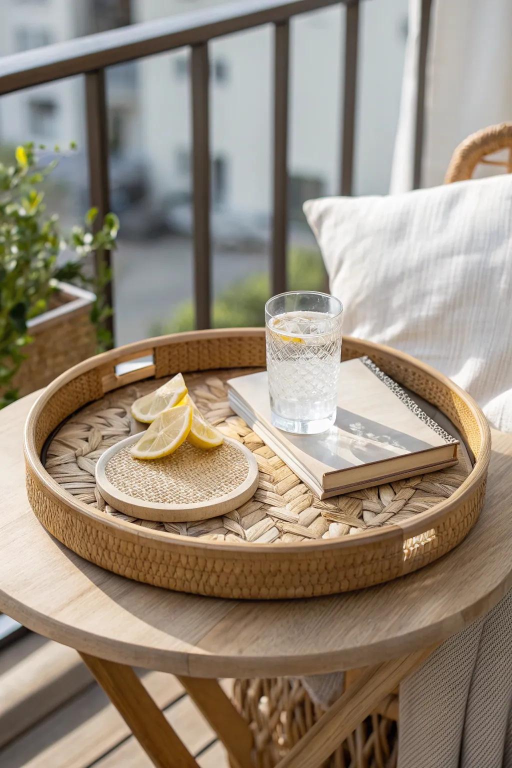 A tiny tray, a cool drink, and one good book—your balcony ritual in minimalist style.