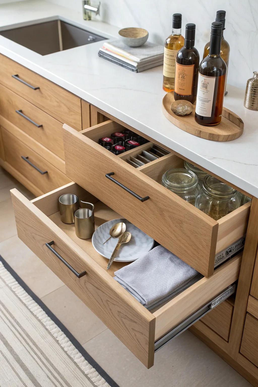 A hidden bar nook: one deep drawer with dividers keeps bottles and tools beautifully tidy.