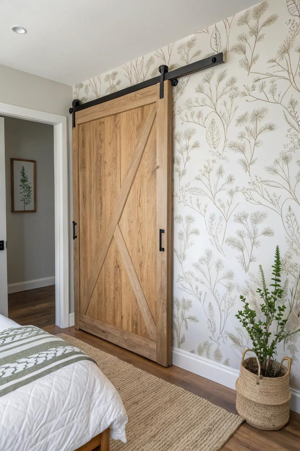 Wallpapered barn door = instant closet decor—bold, removable style for small spaces.
