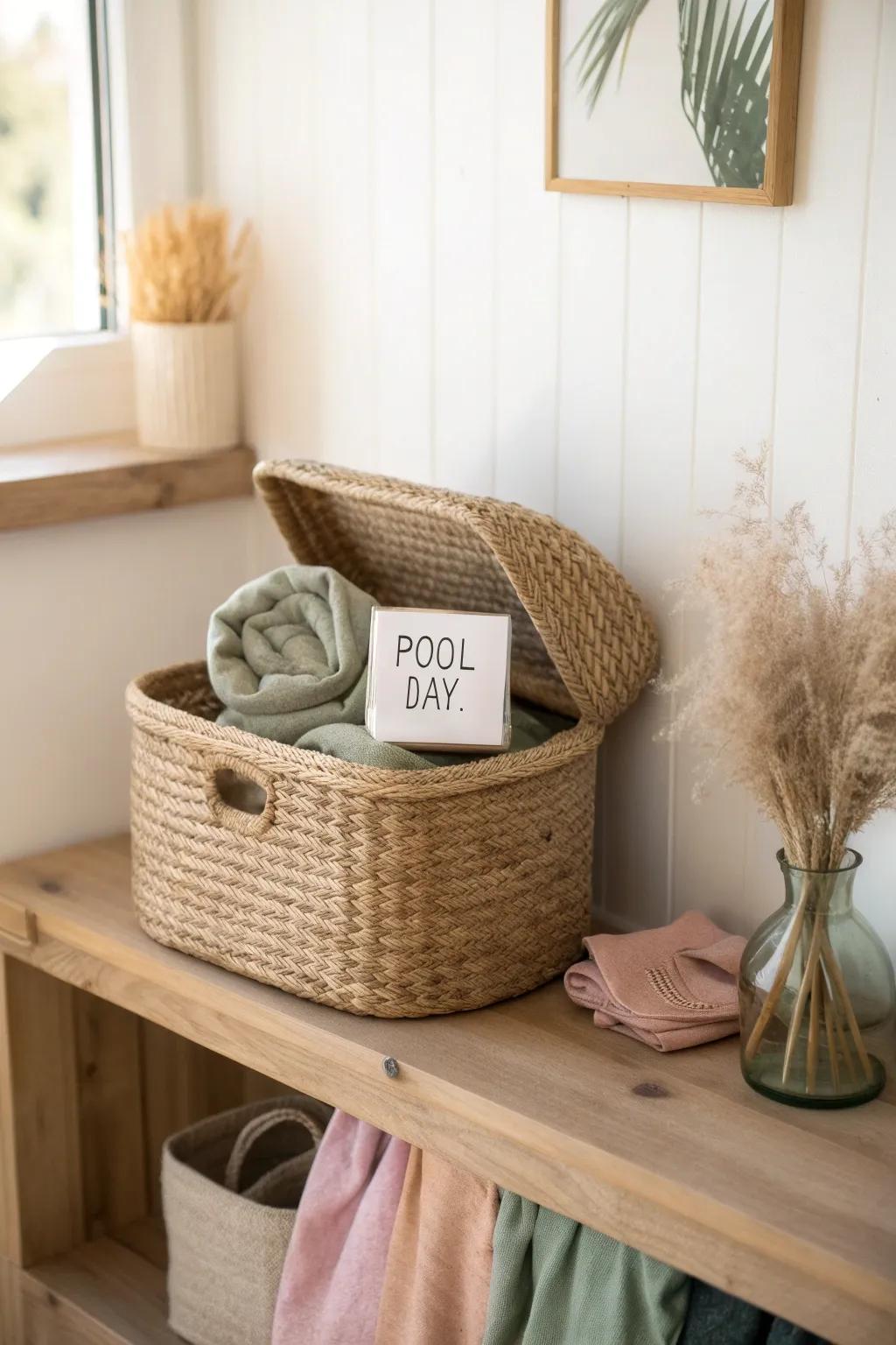 Your “pool-day grab box”: two suits, one bin—ready for spontaneous invites.