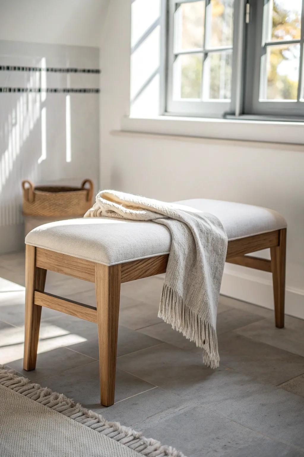 Boutique-hotel vibes: an upholstered bench in the dry zone for comfy, chic getting-ready moments.