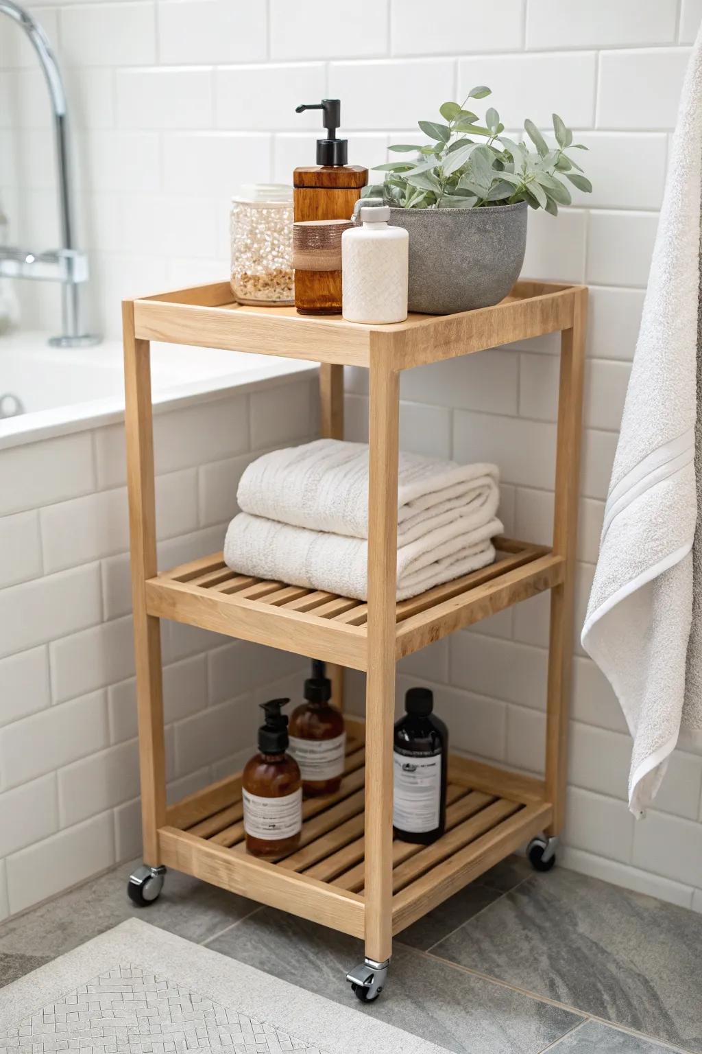 A slim rolling cart keeps laundry essentials and bath staples tidy in one calm corner.