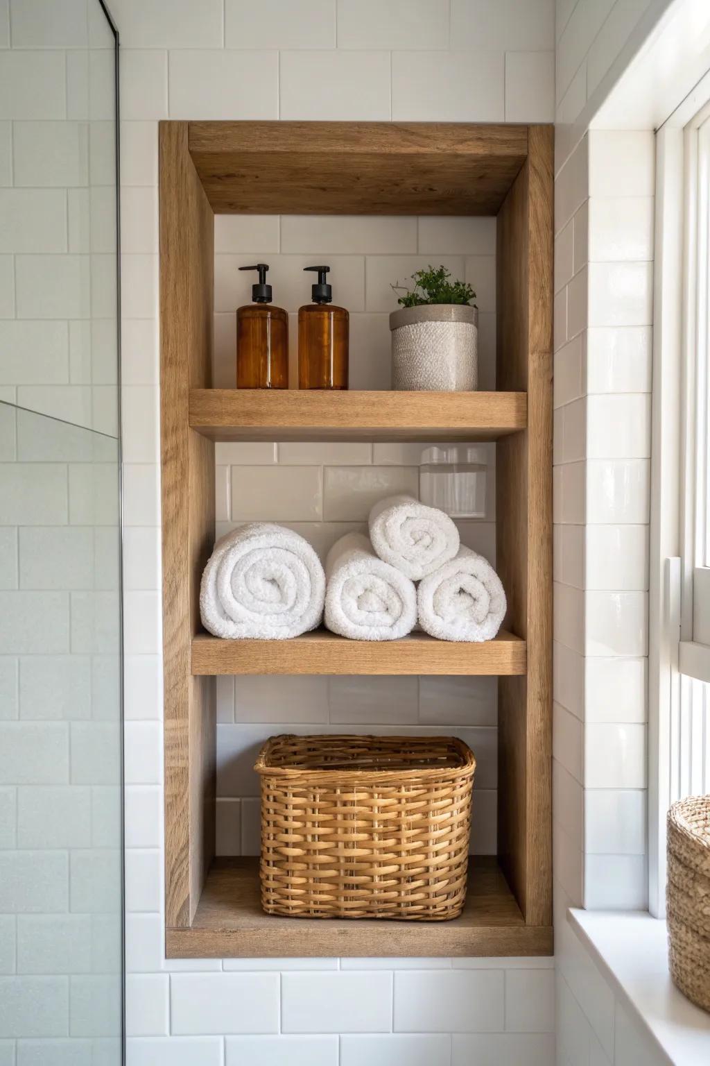 Warm oak shelves turn a doorless bathroom closet into cozy decor—perfect for small spaces.