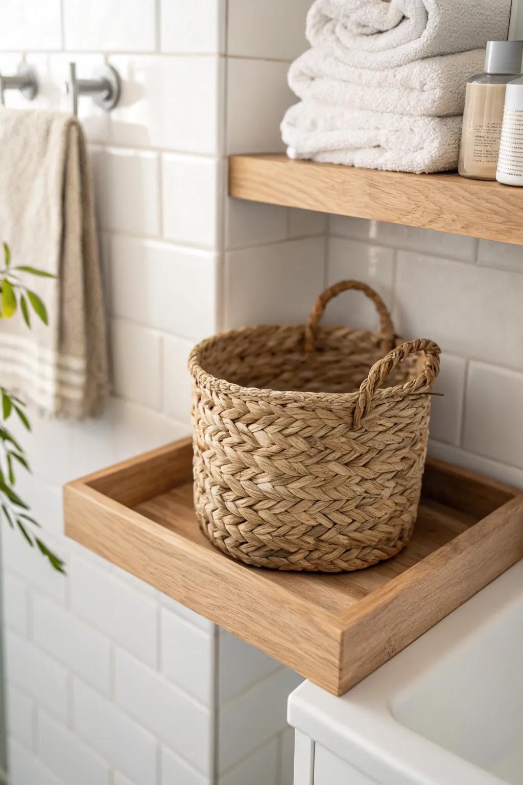 Basket-ready corner shelves: hide backups in woven storage for an instant calm bathroom corner.