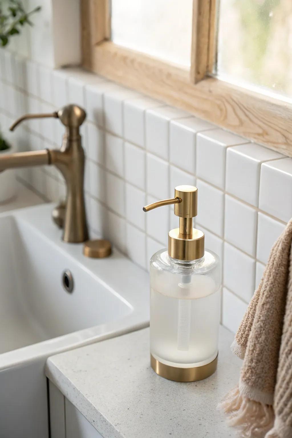 Free up your tiny vanity: mount a sleek adhesive soap dispenser above the sink.