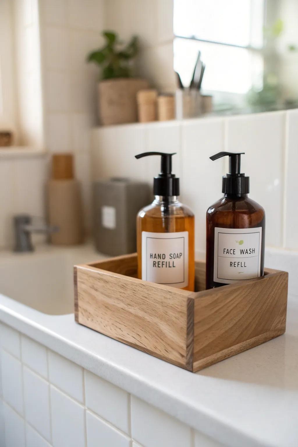 One pretty refill bin = zero clutter: keep just soap + face wash backups on the counter.