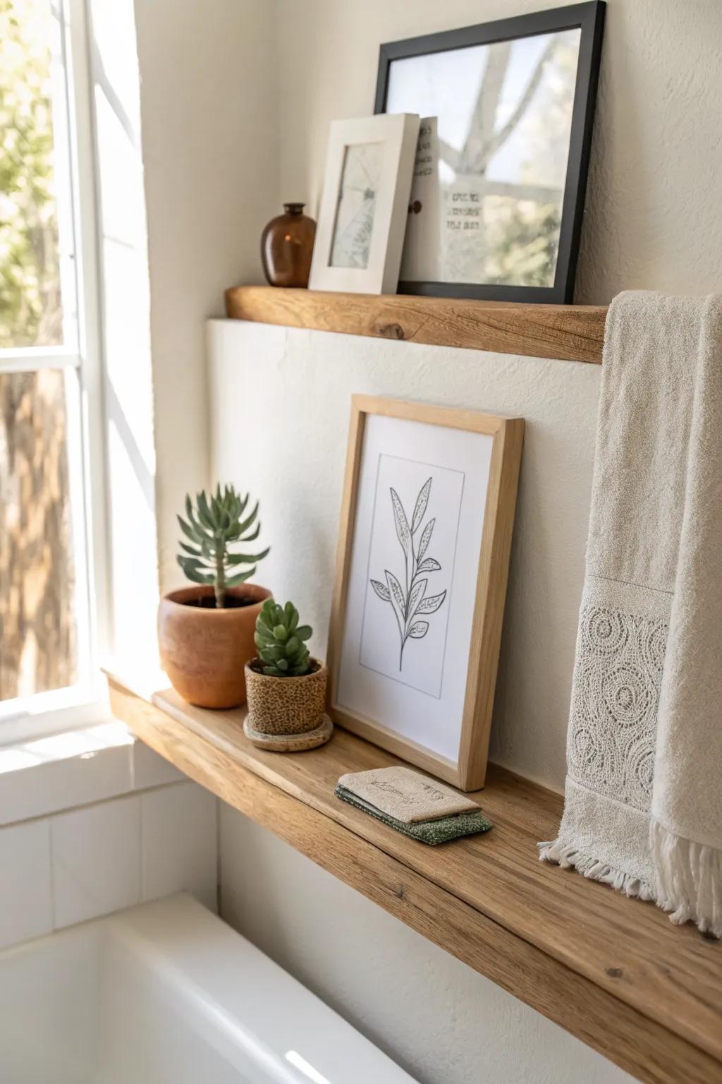 A sleek picture-ledge shelf styled with leaned art and a tiny plant—renter-friendly and luxe.