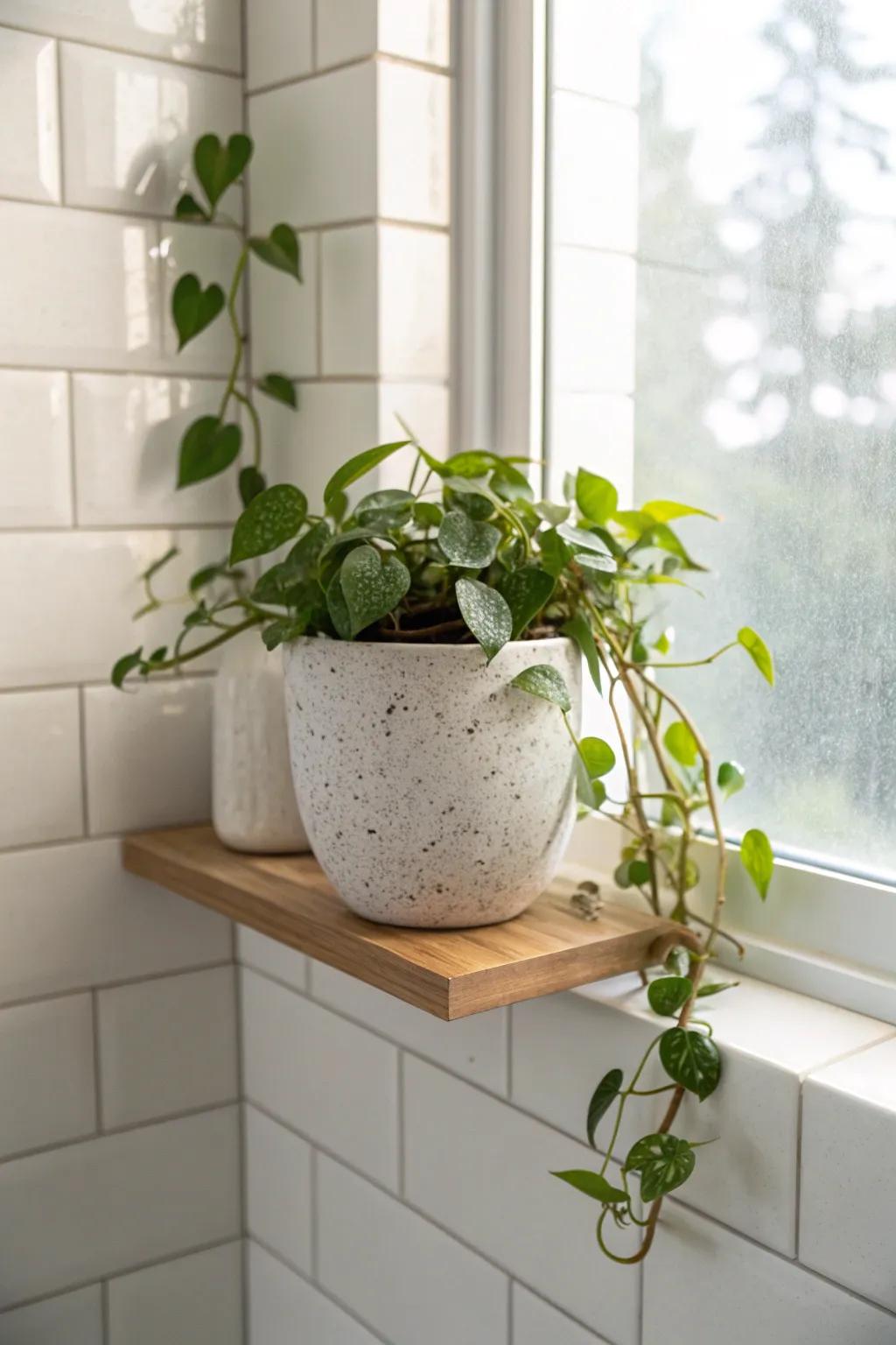 A single trailing pothos on a warm oak shelf turns plain tile into a serene green nook.
