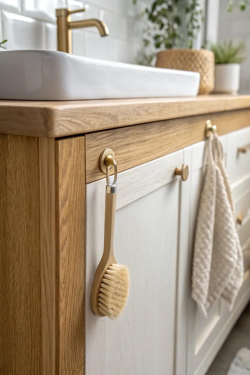 Adhesive hook inside the cabinet door: a simple spot to hang brushes and free drawer space.
