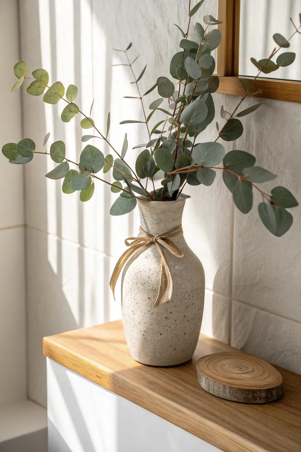 A simple vase of eucalyptus on the bathroom shelf adds instant spa calm—real or faux.