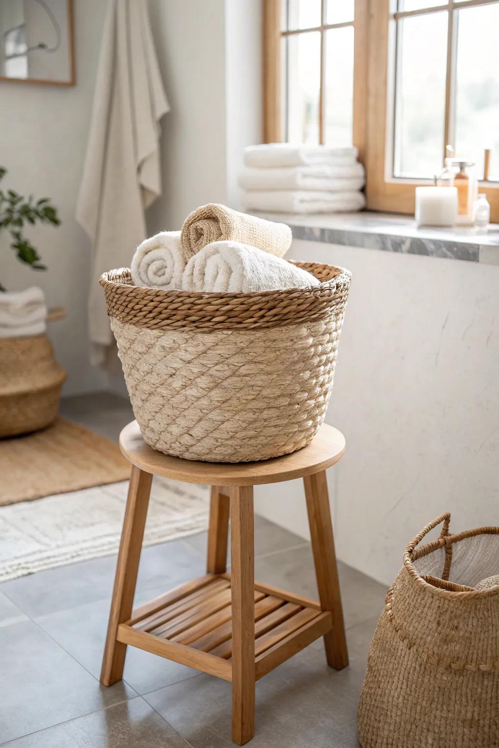 A towel basket on a slim stool keeps rolled towels elevated, tidy, and space-saving.