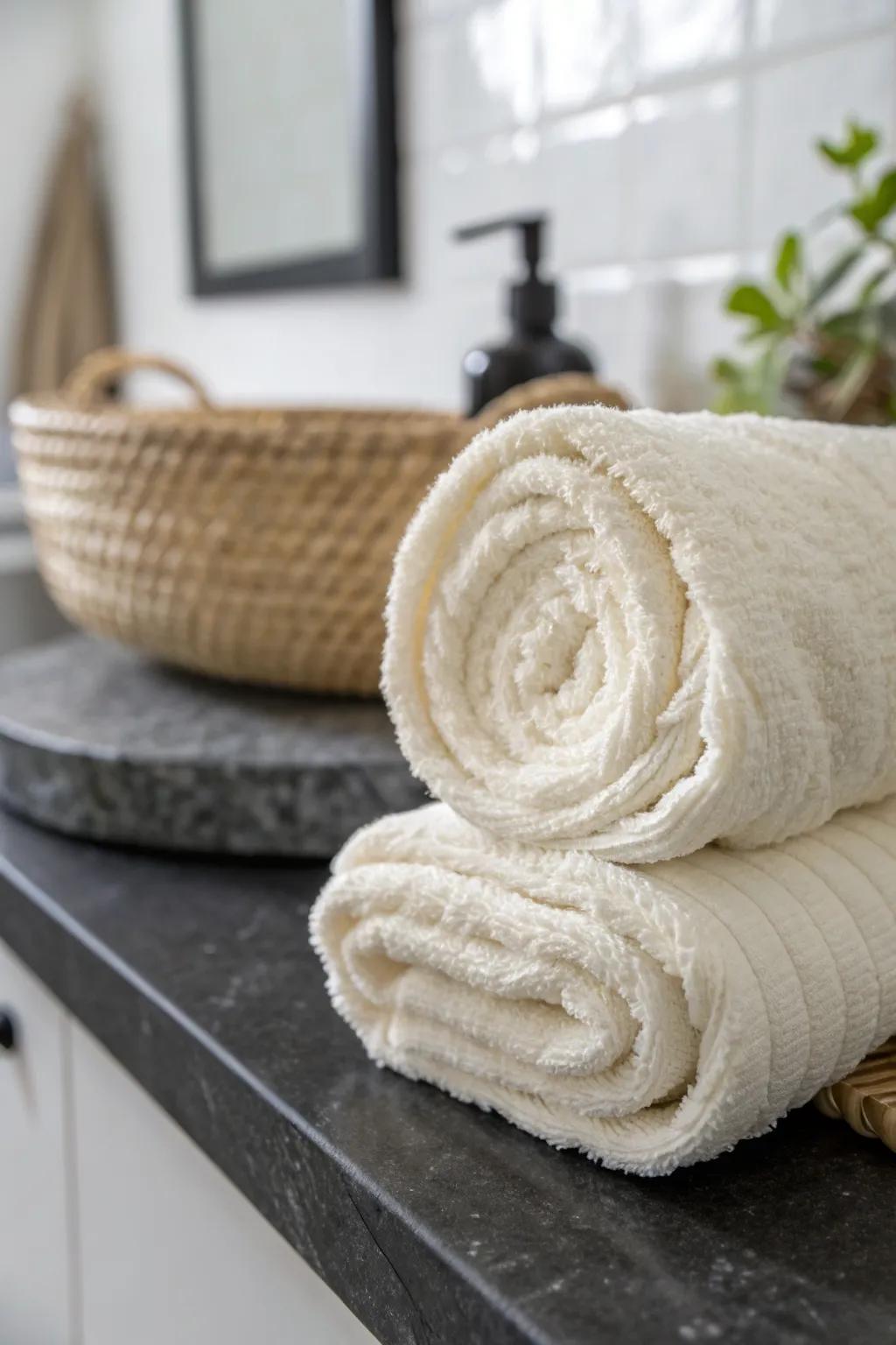 Spa-like in seconds: a simple rosette towel fold that makes any small bathroom feel styled.