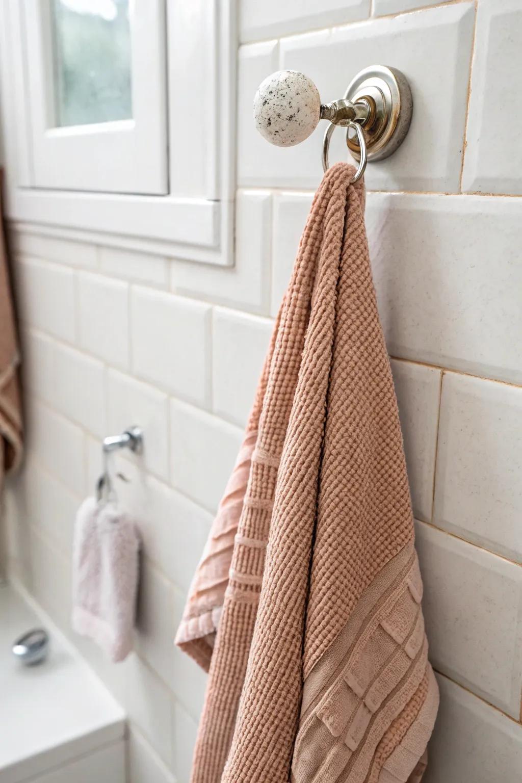 Turn a vintage ceramic knob into a chic towel hook—tiny upgrade, big charm in small baths.