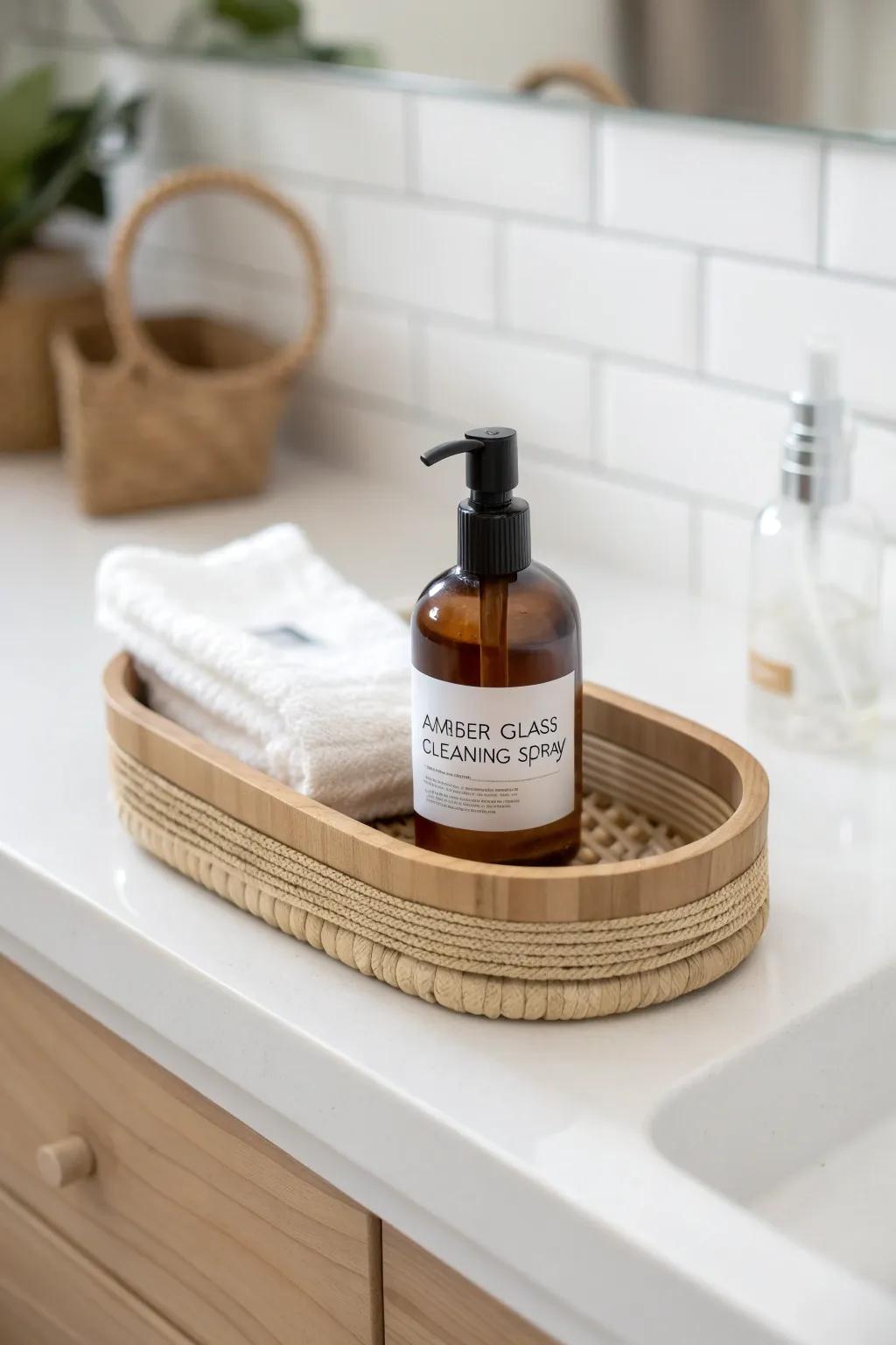 A pretty countertop caddy tray that keeps your spray + cloth ready for fast wipe-downs.
