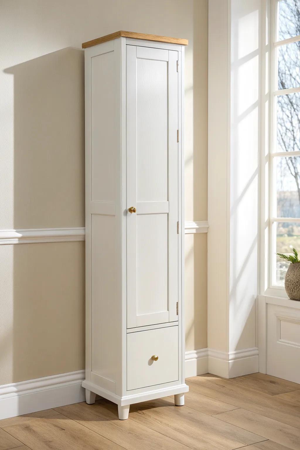 A budget DIY vanity tower—basic trim + white paint for an instant built-in look.