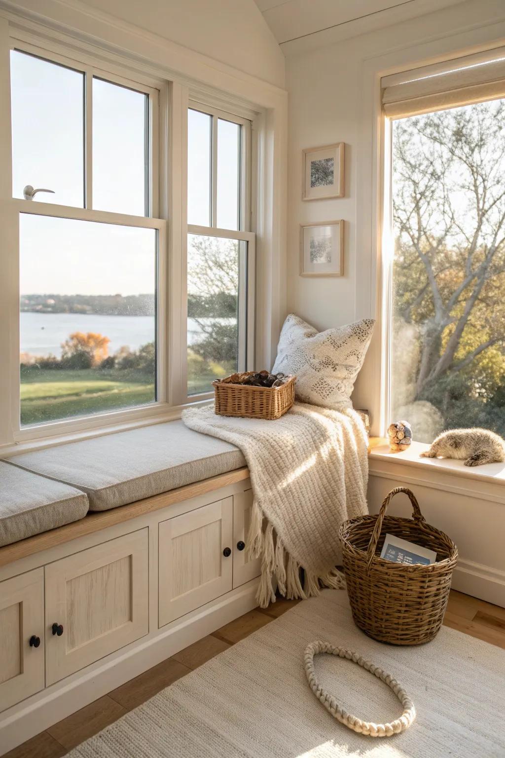 A cozy pet cubby under the bay window seat—hidden storage that keeps small spaces serene.