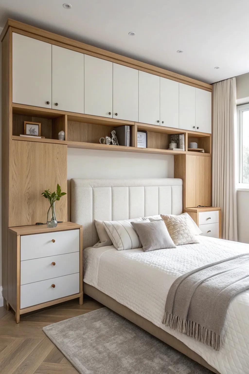 Sleek over-bed bridge cabinets keep essentials hidden and free up floor space in style.